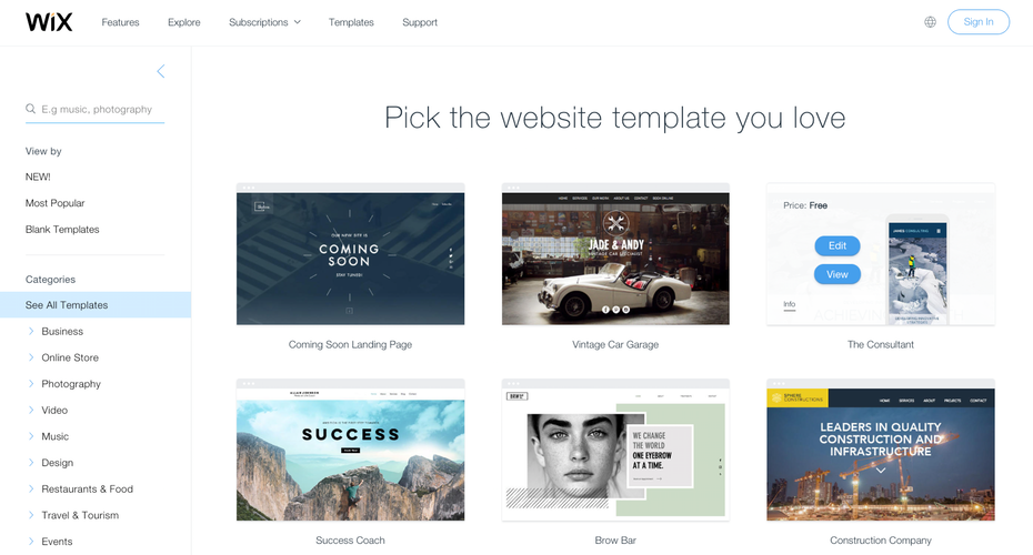 Phần lựa chọn template có sẵn trên Wix